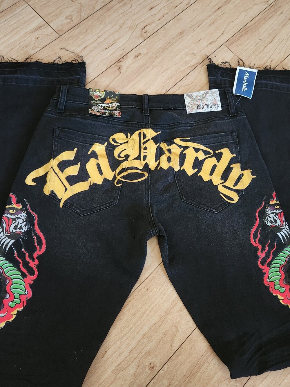 Ed Hardy Black Jeans with Yellow Script and Multicolor Side Graphic